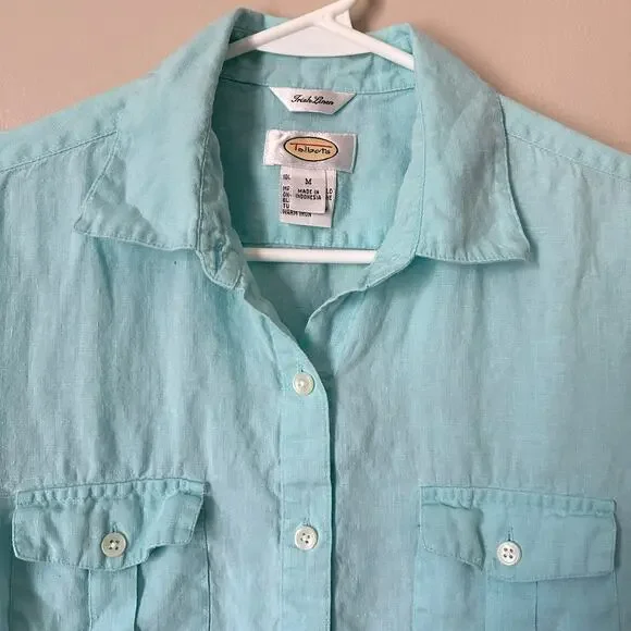 Talbots Irish Linen Button Front Shirt Preppy Workwear Blue Long Sleeve MEDIUM - Picture 2 of 9